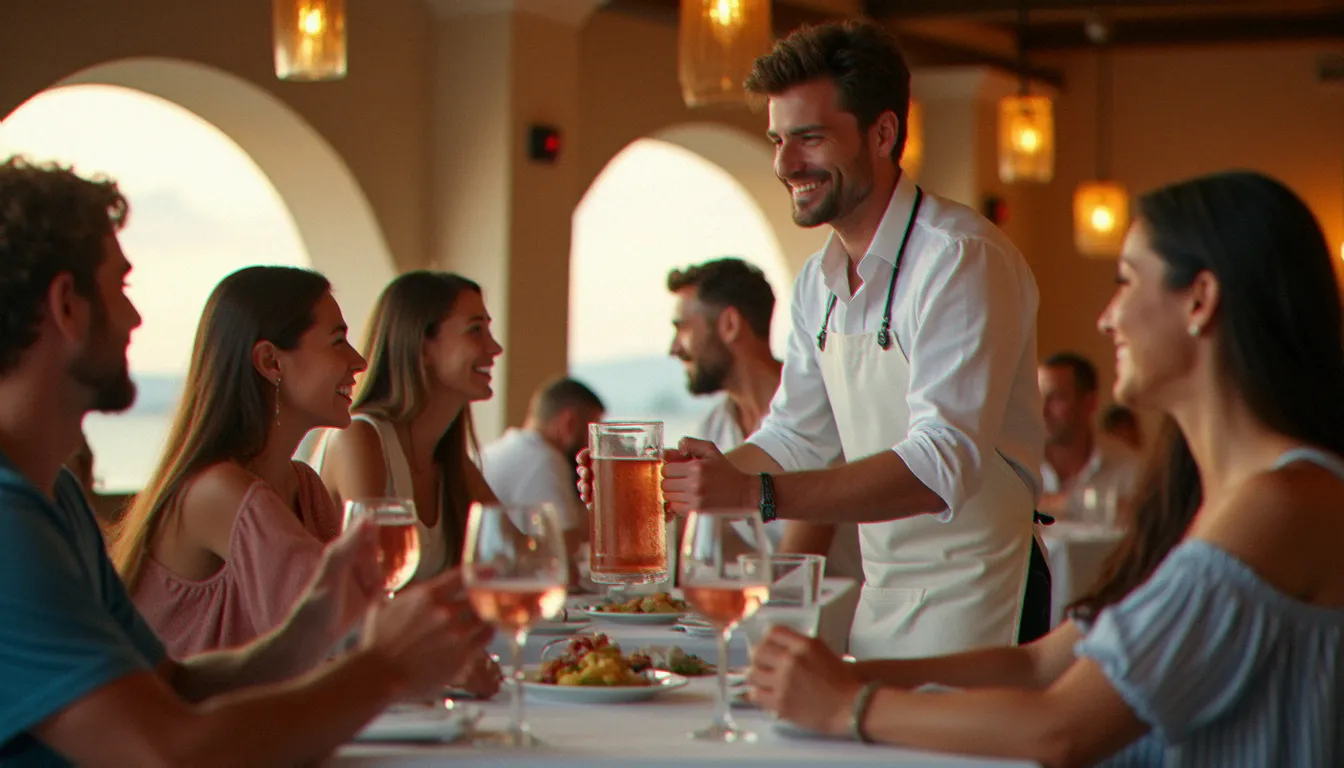 Service en salle au restaurant Pourquoi Pas Le Lavandou, serveur apportant un carafe de rosé de Provence à une table de convives souriants