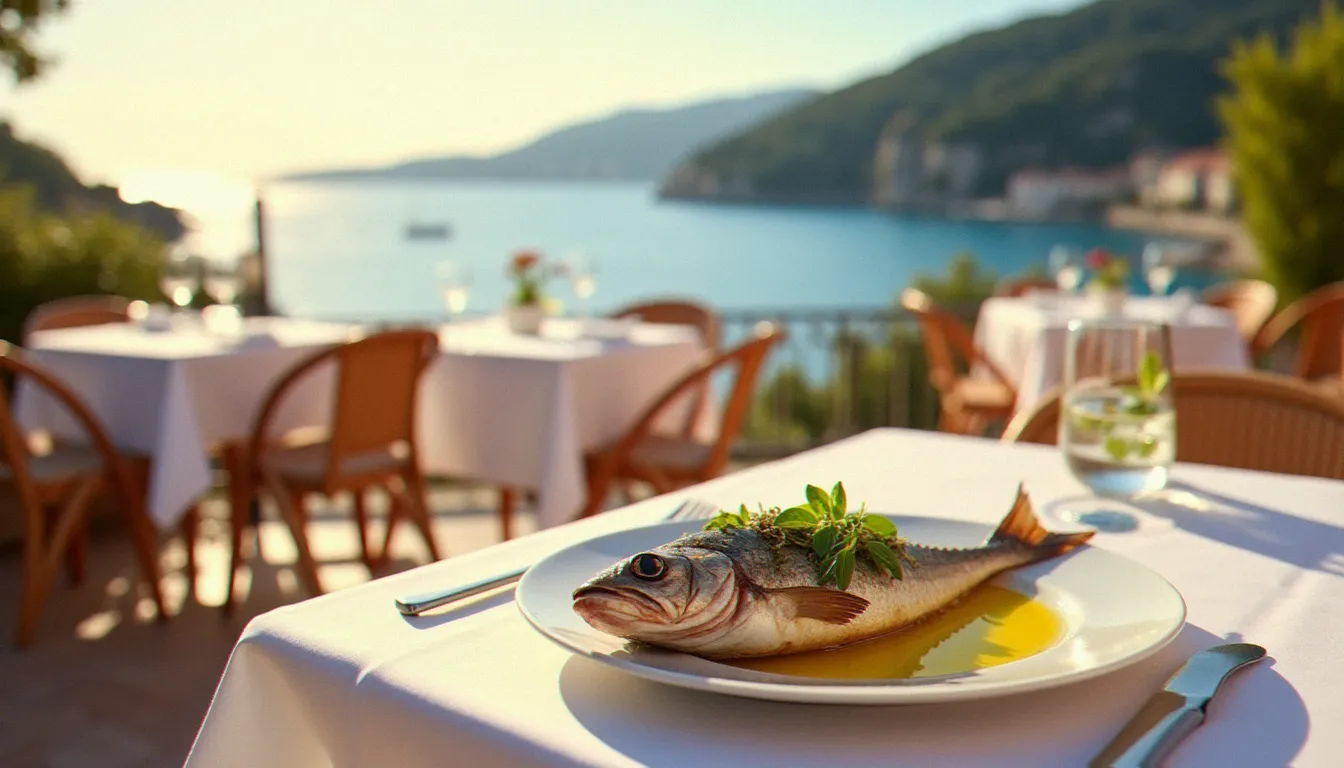 Terrasse ensoleillée du restaurant Pourquoi Pas au Lavandou avec vue sur le port et une daurade grillée aux herbes fraîches