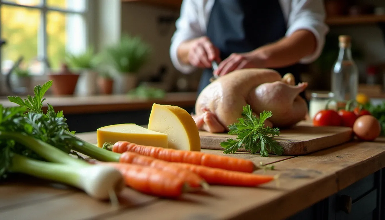 Produits frais et locaux d'Île-de-France disposés sur un plan de travail de cuisine de bistrot, illustrant l'approvisionnement saisonnier du restaurant Pourquoi Pas Le Perreux