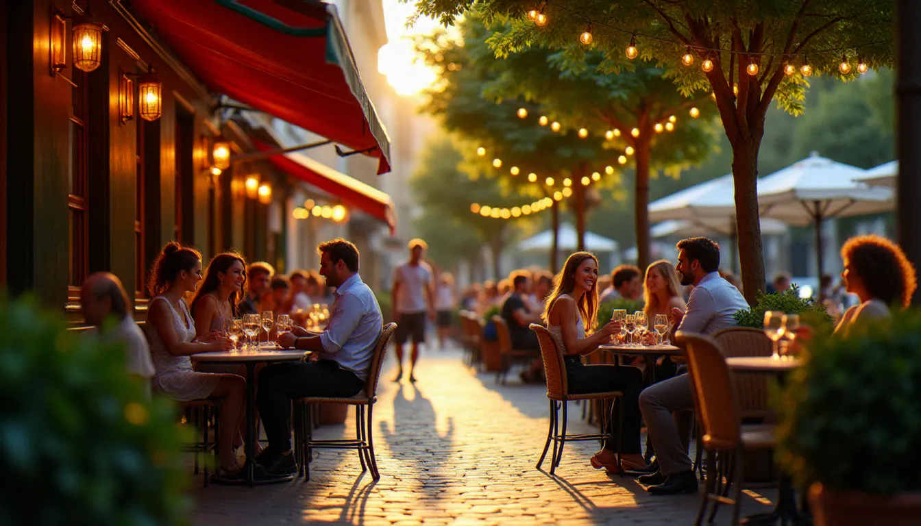 Terrasse animée du restaurant Pourquoi Pas Le Perreux un soir d'été, avec ses tables rondes, ses guirlandes lumineuses et ses convives attablés dans une ambiance conviviale de quartier
