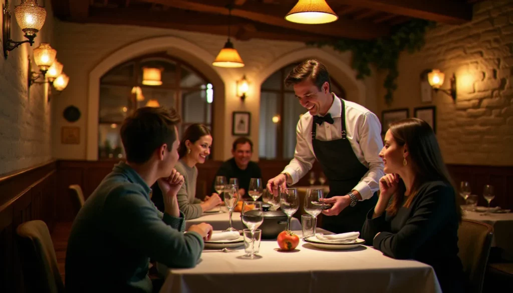 Salle chaleureuse du restaurant Pourquoi Pas au Perreux-sur-Marne avec ses murs en pierre, ses tables en chêne et son ambiance bistrot authentique un soir de semaine