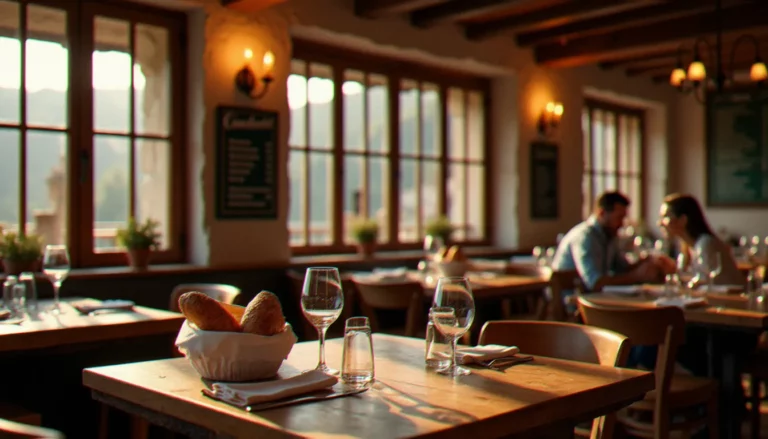 Salle chaleureuse du restaurant Pourquoi Pas à Pontarlier, tables dressées en soirée avec lumière tamisée et décoration de bistrot authentique
