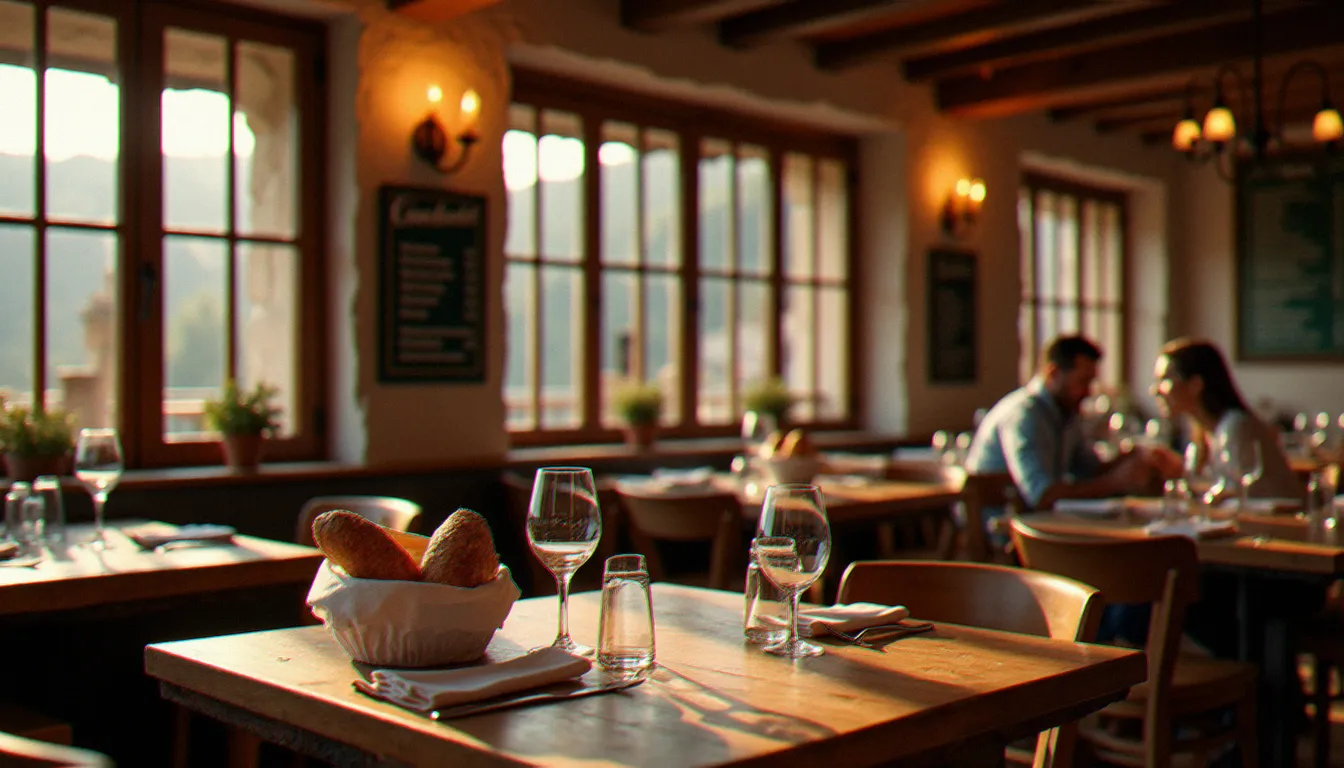 Salle chaleureuse du restaurant Pourquoi Pas à Pontarlier, tables dressées en soirée avec lumière tamisée et décoration de bistrot authentique