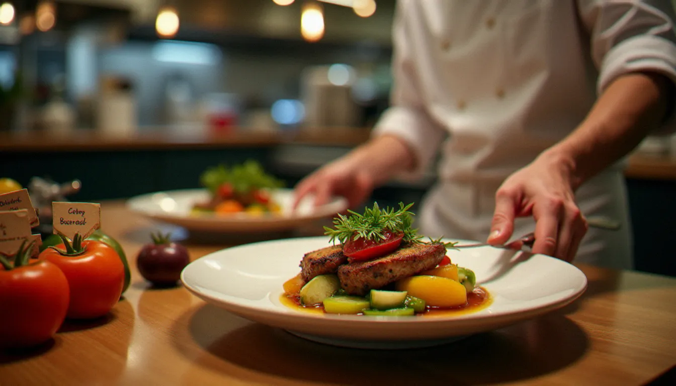 Chef de bistrot français dressant une assiette avec des produits frais de saison, illustrant le rapport entre qualité et prix au restaurant