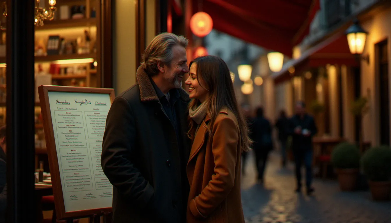 Couple consultant la carte et les prix affichés en vitrine d'un restaurant de quartier avant d'entrer, illustration du choix selon le budget