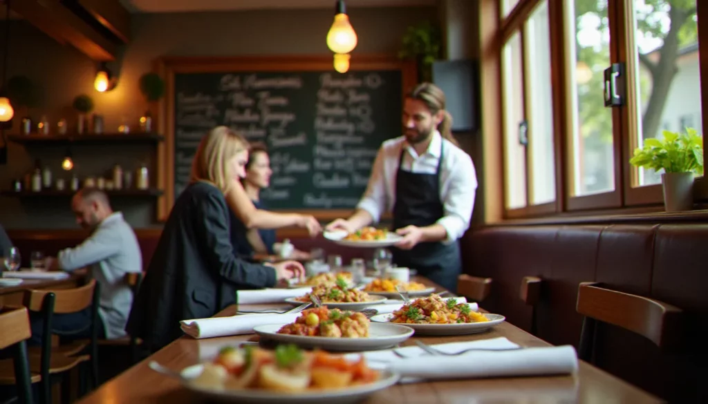Salle de bistrot français animée à l'heure du déjeuner avec tableau noir indiquant les prix du restaurant et service attentionné