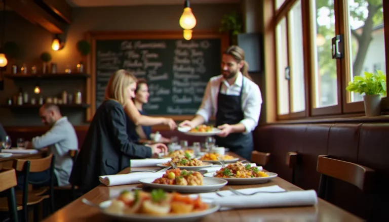 Salle de bistrot français animée à l'heure du déjeuner avec tableau noir indiquant les prix du restaurant et service attentionné