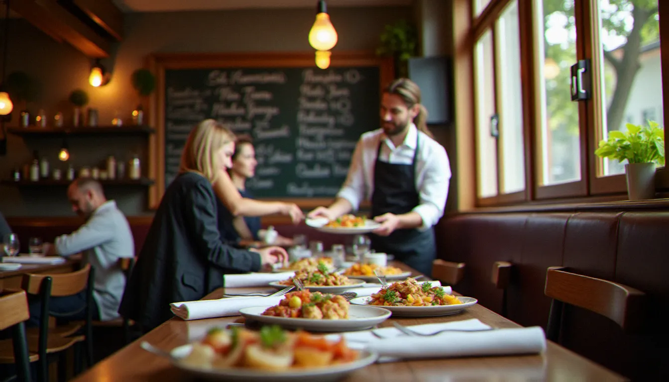 Salle de bistrot français animée à l'heure du déjeuner avec tableau noir indiquant les prix du restaurant et service attentionné