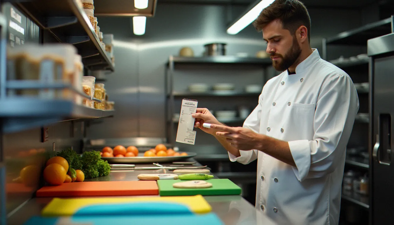 Chef vérifiant les étiquettes d'ingrédients dans une cuisine de restaurant avec station dédiée sans gluten, ustensiles codés par couleur et planches séparées