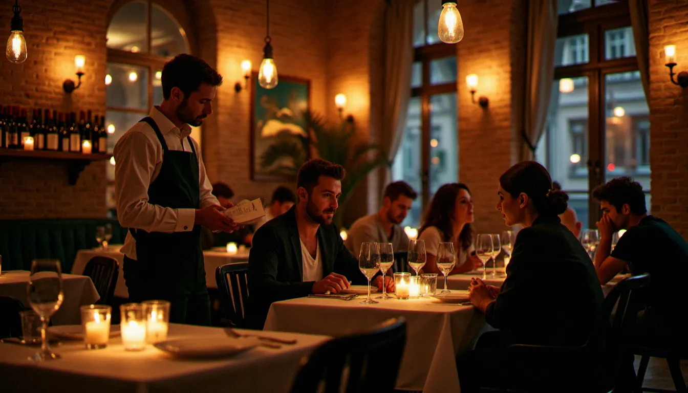Salle de bistrot français chaleureuse avec serveur présentant la carte à des convives, ambiance lumineuse et feutrée propice à un repas sans gluten serein