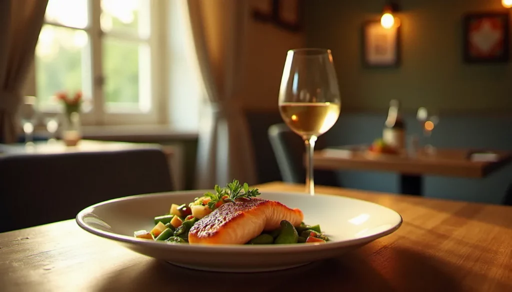 Assiette de bistrot sans gluten avec saumon grillé et légumes de saison dans un restaurant convivial, illustrant la recherche d'un restaurant sans gluten autour de moi