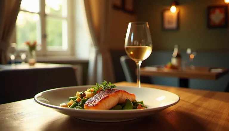 Assiette de bistrot sans gluten avec saumon grillé et légumes de saison dans un restaurant convivial, illustrant la recherche d'un restaurant sans gluten autour de moi