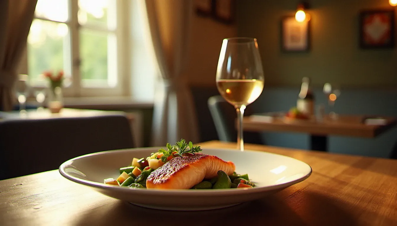 Assiette de bistrot sans gluten avec saumon grillé et légumes de saison dans un restaurant convivial, illustrant la recherche d'un restaurant sans gluten autour de moi