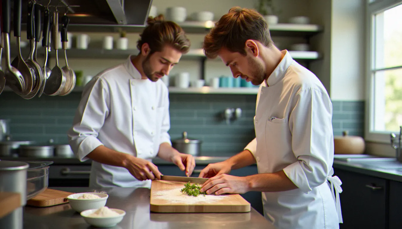 Cuisine professionnelle d'un restaurant sans gluten à Lyon avec ustensiles dédiés et farines sans gluten séparées sur le plan de travail inox