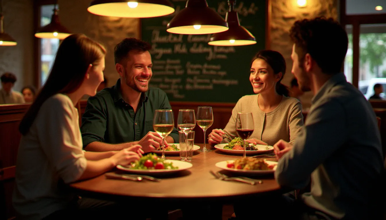 Famille attablée dans la salle chaleureuse d'un restaurant sans gluten à Lyon, partageant un repas convivial sous les lumières dorées d'un bistrot authentique