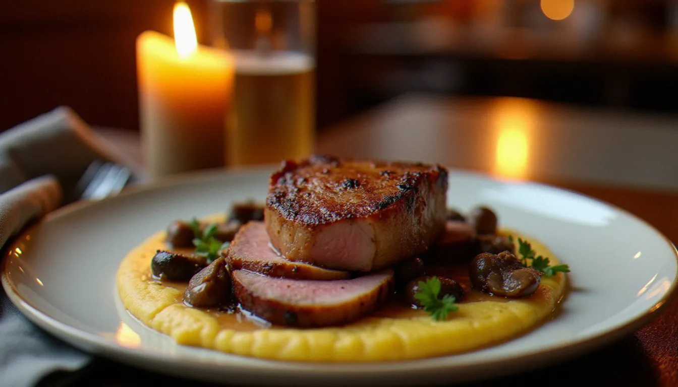 Assiette de magret de canard sans gluten avec polenta crémeuse et champignons dans un restaurant sans gluten à Lyon, ambiance bistrot chaleureuse
