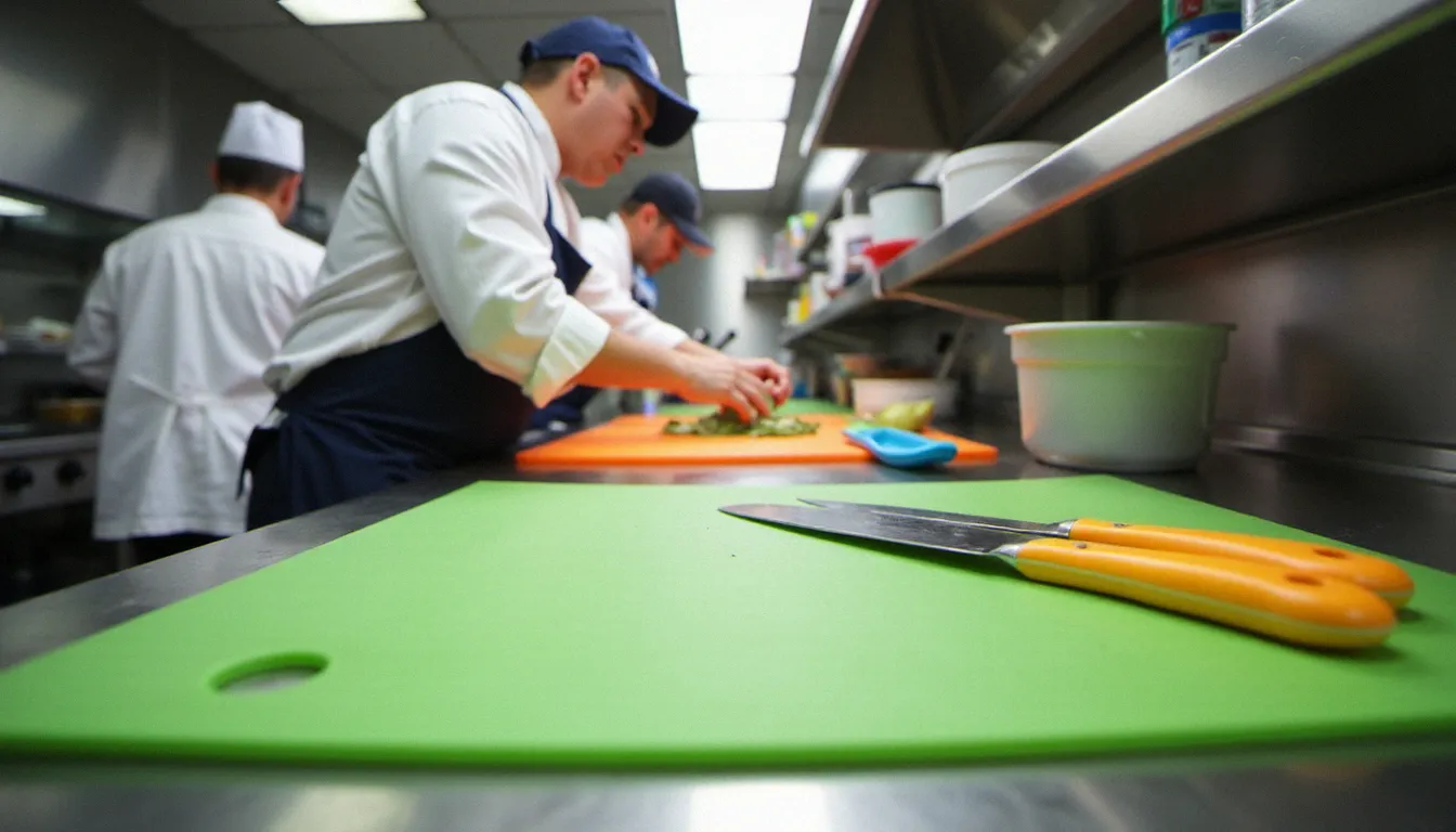 Station de préparation dédiée sans gluten dans la cuisine d'un restaurant parisien, avec des ustensiles séparés marqués et un chef en tablier blanc