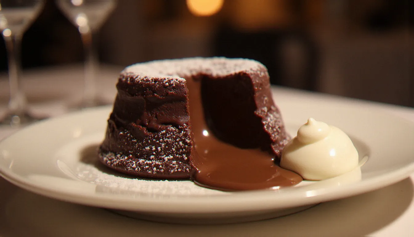 Fondant au chocolat sans gluten au cœur coulant dressé sur assiette blanche dans un bistrot parisien, avec un nuage de sucre glace et une quenelle de crème fraîche
