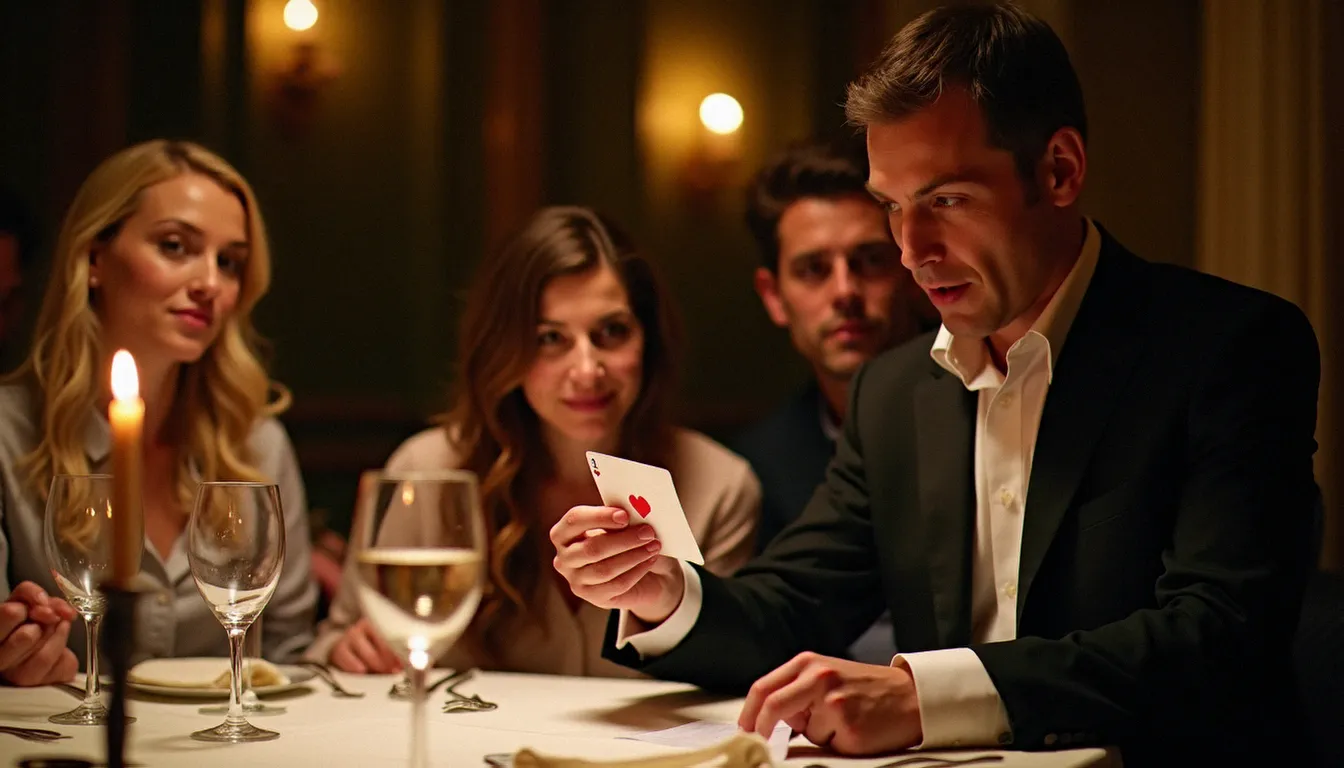 Magicien close-up réalisant un tour de cartes à une table de restaurant parisien lors d'une soirée animée en groupe