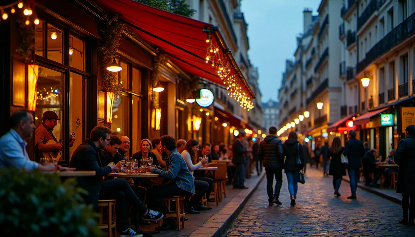 Terrasse animée d'un bistrot du 11e arrondissement de Paris en soirée, ambiance festive avec musique live et convives dehors
