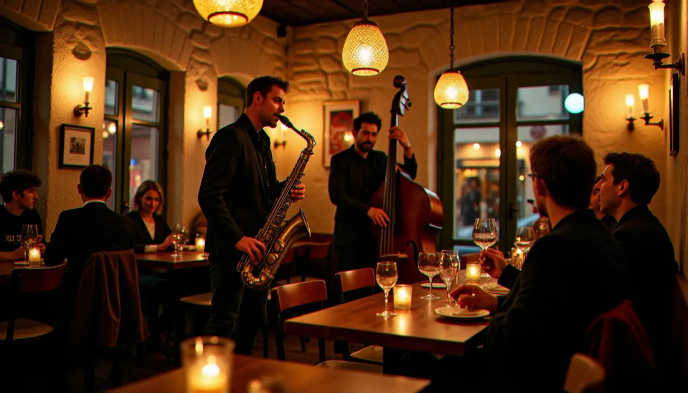 Animation musicale dans un bistrot parisien, trio jazz en live avec des convives attablés sous une lumière dorée chaleureuse