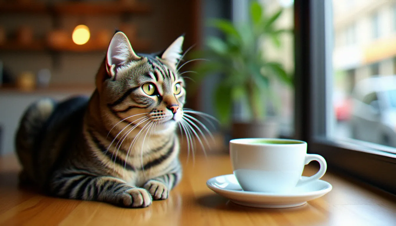 Un chat tigré installé sur le comptoir d'un bar à chats à côté d'un matcha latte, lumière naturelle de fenêtre en arrière-plan