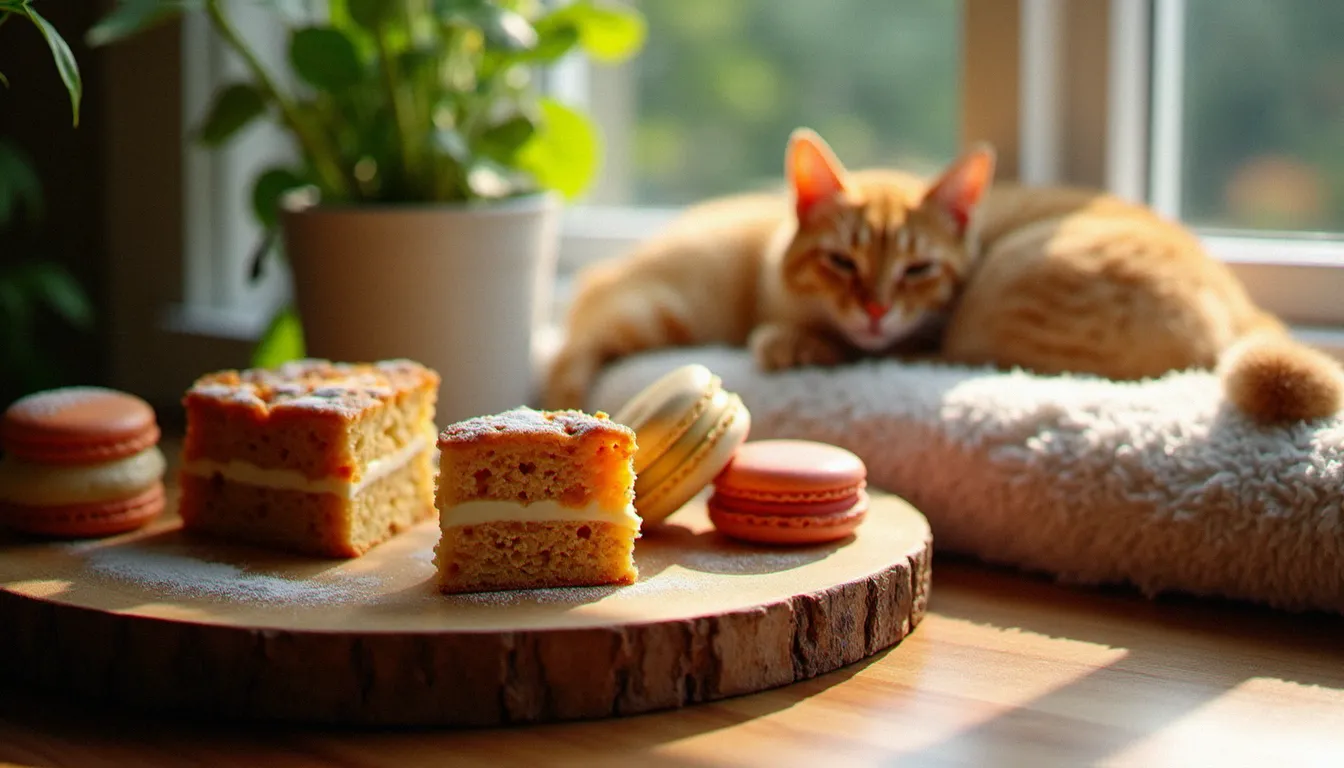 Plateau de pâtisseries maison dans un bar à chats, avec un chat roux endormi sur un coussin près de la fenêtre en arrière-plan flou