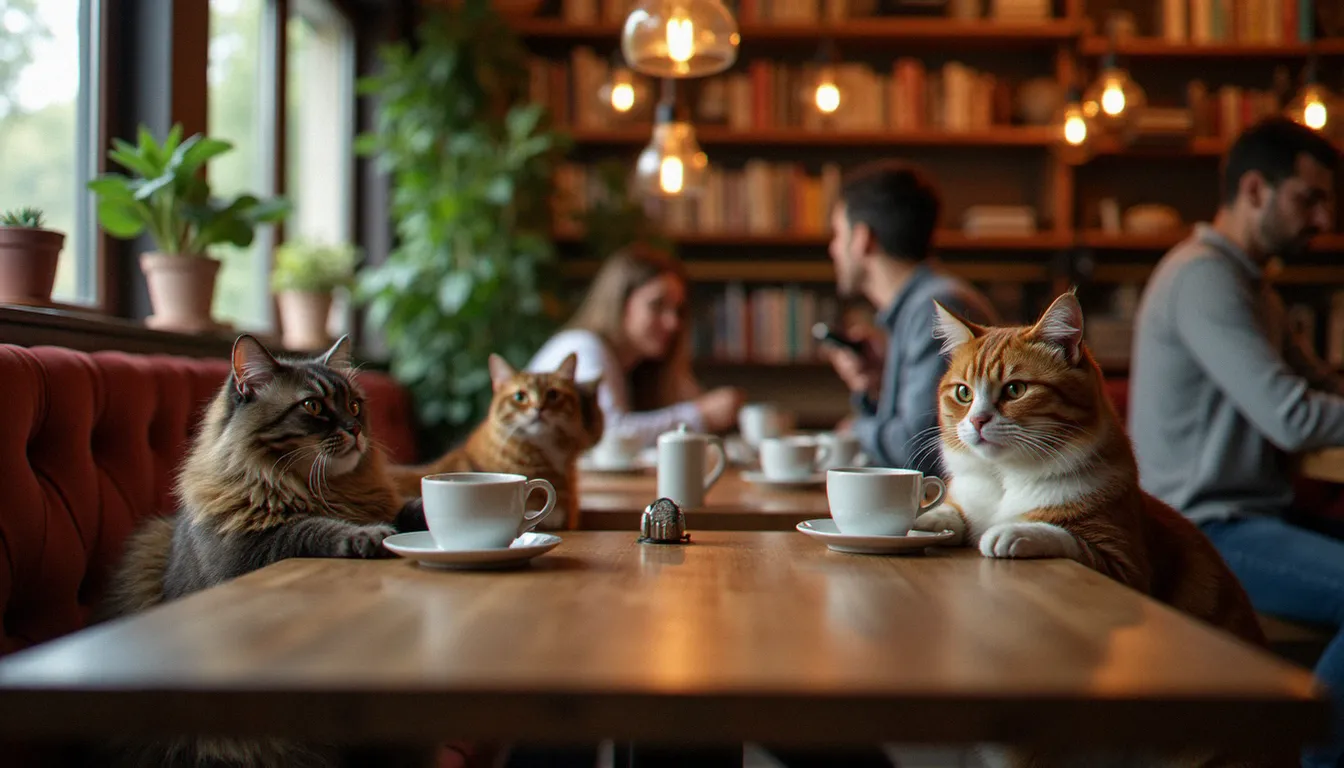 Intérieur chaleureux d'un bar à chats avec des clients attablés autour de boissons chaudes et plusieurs chats circulant librement entre les tables en bois
