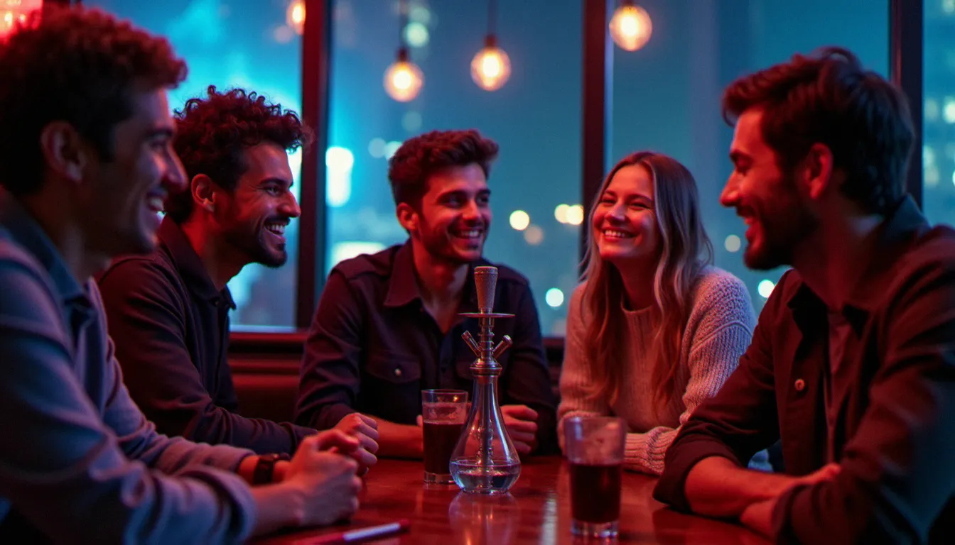 Groupe de jeunes adultes partageant une chicha dans un lounge urbain tendance, ambiance détendue et conviviale en soirée