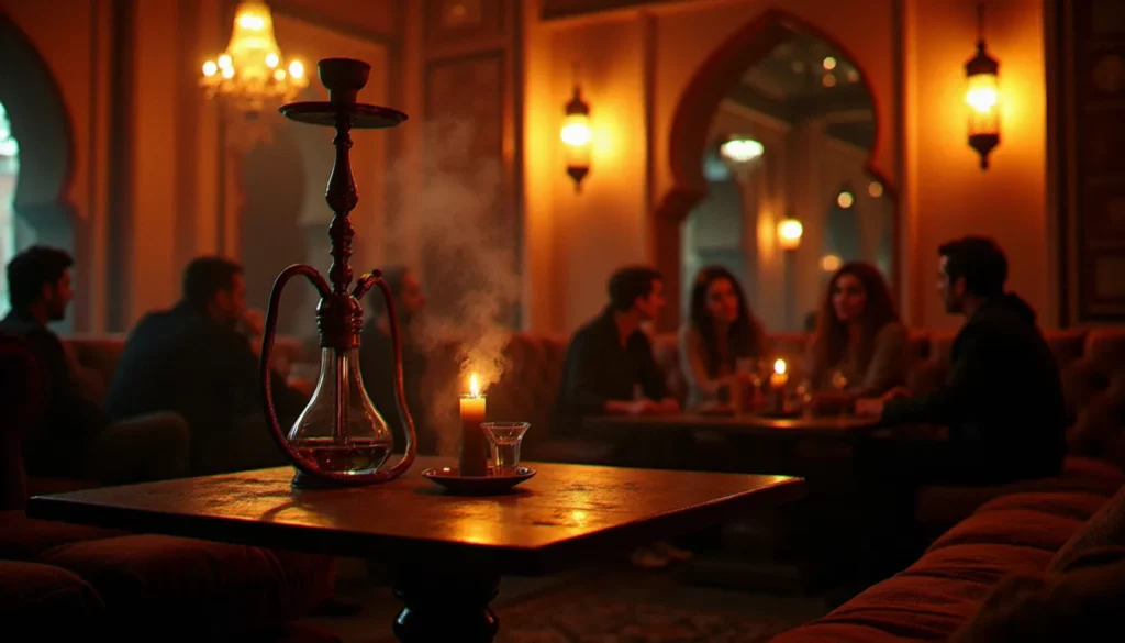 Intérieur d'un bar à chicha avec coussins colorés, lanternes et narguilé allumé sur une table basse dans une atmosphère conviviale