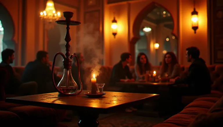 Intérieur d'un bar à chicha avec coussins colorés, lanternes et narguilé allumé sur une table basse dans une atmosphère conviviale