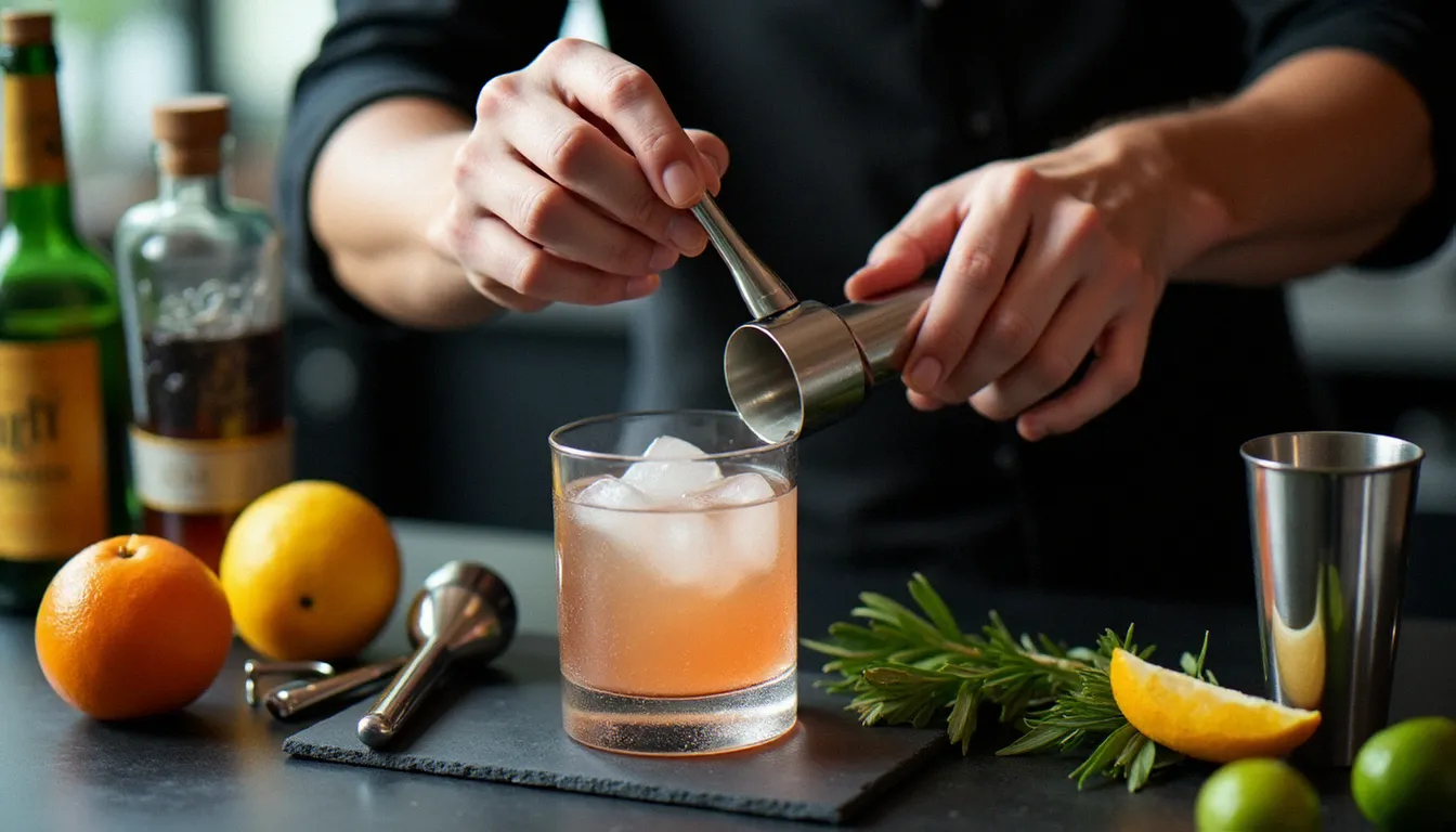 Mains d'un bartender mesurant des spiritueux avec un jigger en argent sur un verre mélangeur rempli de glace, outils de mixologie et agrumes visibles en arrière-plan