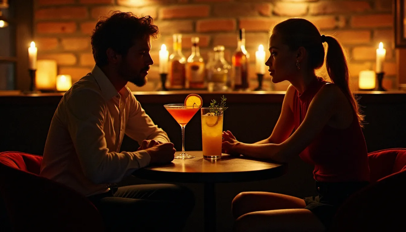 Coin intime d'un bar à cocktails de bistrot français avec deux personnes conversant autour de verres élaborés garnis d'agrumes et d'herbes fraîches à la lumière des bougies