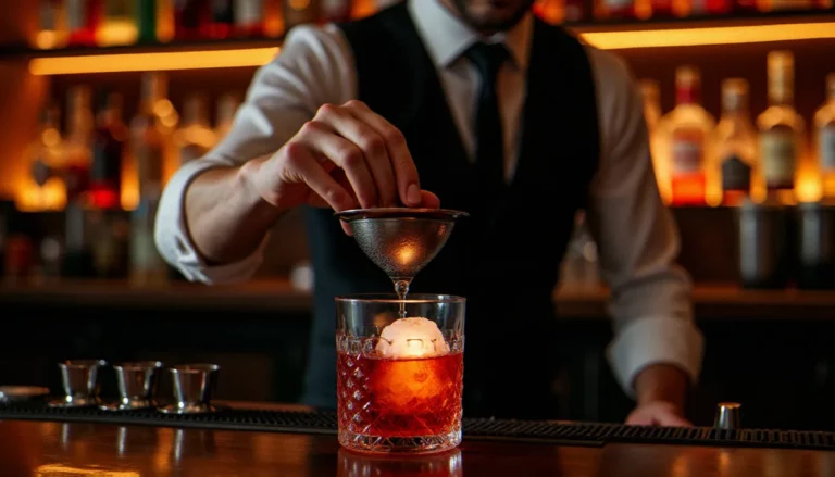 Bartender préparant un bar à cocktails en versant un Negroni dans un verre en cristal avec une sphère de glace sur un comptoir en bois sombre