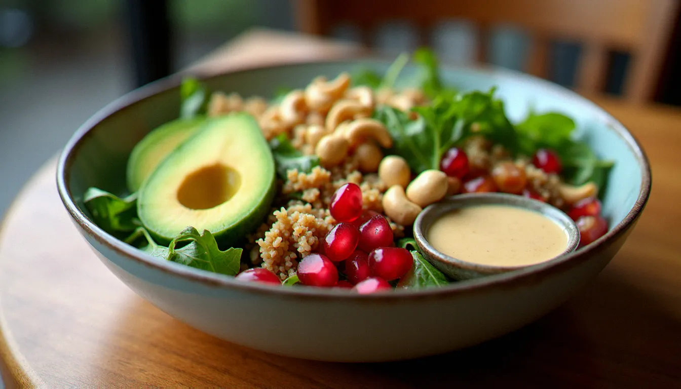 Bol de salade composée au bar à salade avec quinoa, avocat, grenade, noix de cajou et roquette, accompagné d'une sauce tahini citron à part