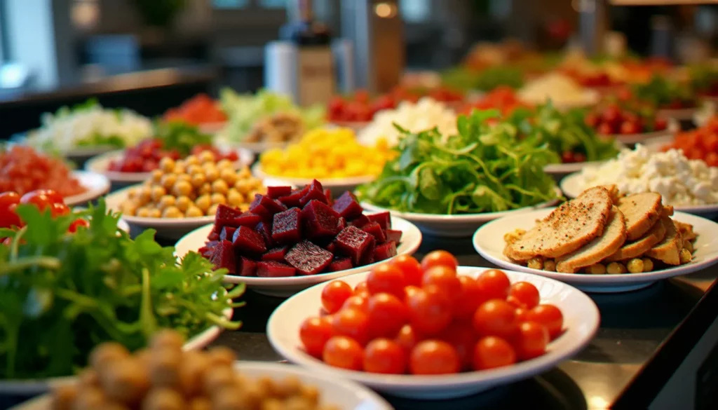 Comptoir d'un bar à salade en restaurant bistrot avec de nombreux ingrédients frais dans des bols blancs, dont roquette, tomates cerises, pois chiches et poulet grillé