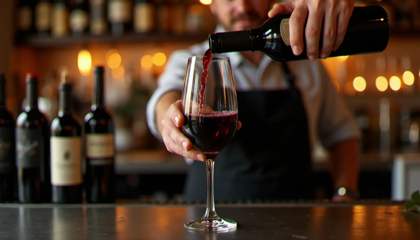 Main d'un sommelier versant un vin nature rouge dans un grand verre à pied sur un comptoir de zinc, bouteilles artisanales en arrière-plan dans un bar à vin français
