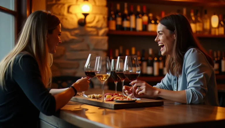 Intérieur chaleureux d'un bar à vin le soir avec des verres de vin rouge et blanc posés sur un comptoir en bois, deux clients qui partagent une planche de charcuterie à la lumière dorée