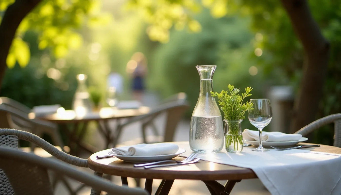 Table dressée en terrasse de bistrot avec carafe d'eau, serviette en lin et lumière filtrée à travers les feuilles de platane