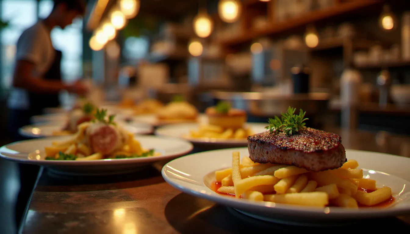 Assiettes de plats de bistrot traditionnels prêtes à être servies en terrasse, steak-frites et terrine maison sous lumière chaude de cuisine