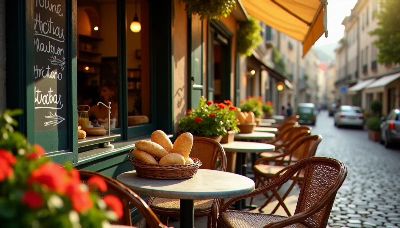 Terrasse ensoleillée d'un bistrot avec terrasse français, tables rondes en zinc et chaises en osier sur pavés, ambiance quartier authentique