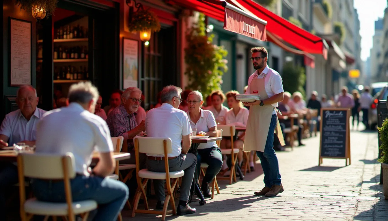 Terrasse animée d'un bistrot de quartier parisien avec des habitués attablés le midi, serveur en tablier blanc et ardoise manuscrite des plats du jour