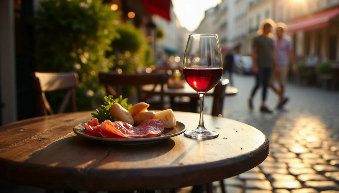 Gros plan d'une table de bistrot en terrasse parisienne avec un verre de vin rouge, une assiette de charcuterie et du pain, lumière d'après-midi dorée