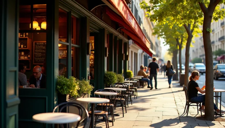 Terrasse ensoleillée d'un bistrot avec terrasse à Paris, tables rondes en marbre et chaises en métal sur le trottoir, comptoir zinc visible à l'intérieur