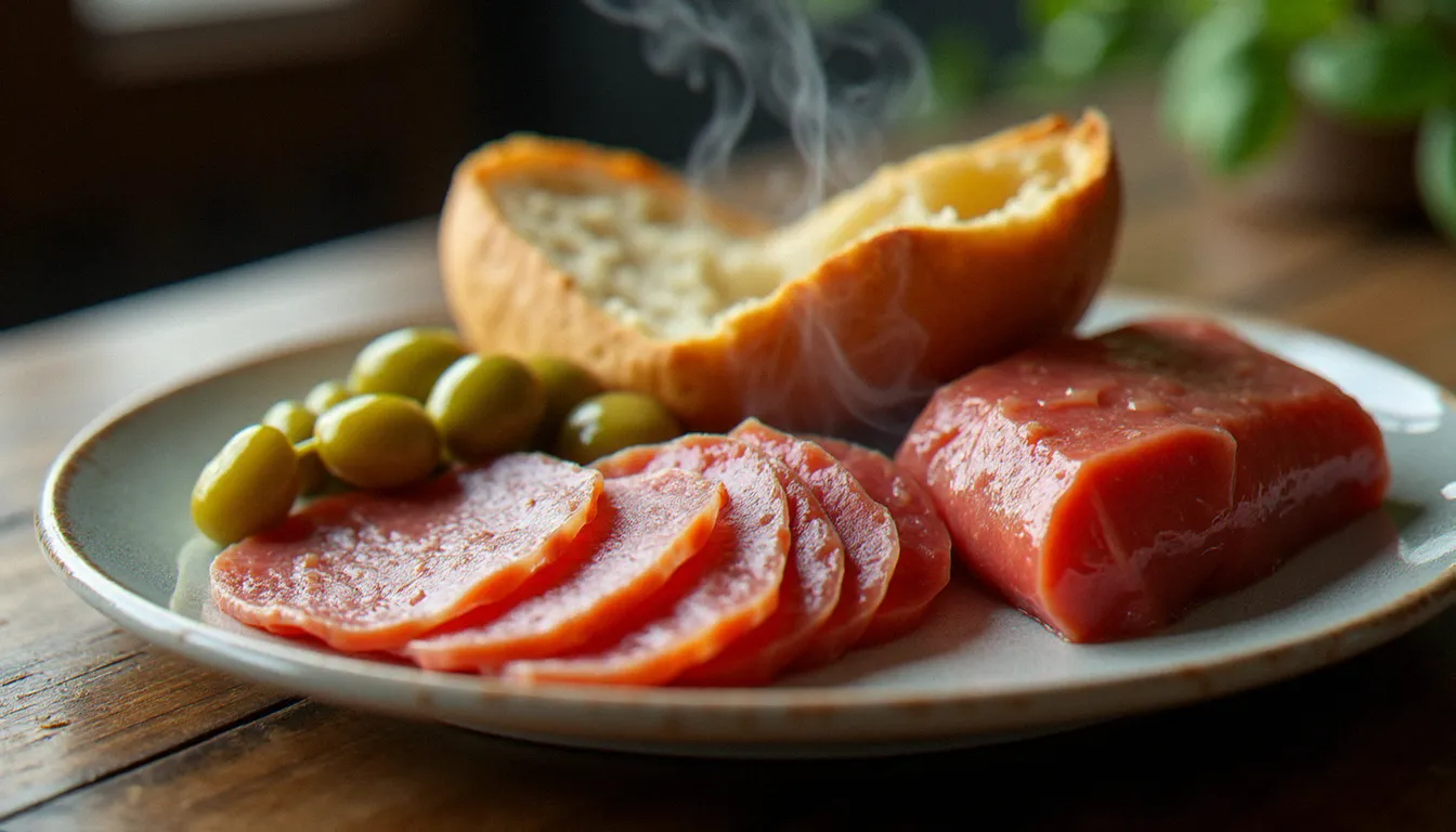 Assiette de charcuteries auvergnates et terrine maison servie au bistrot Basalte à Issoire, présentation rustique sur table en bois