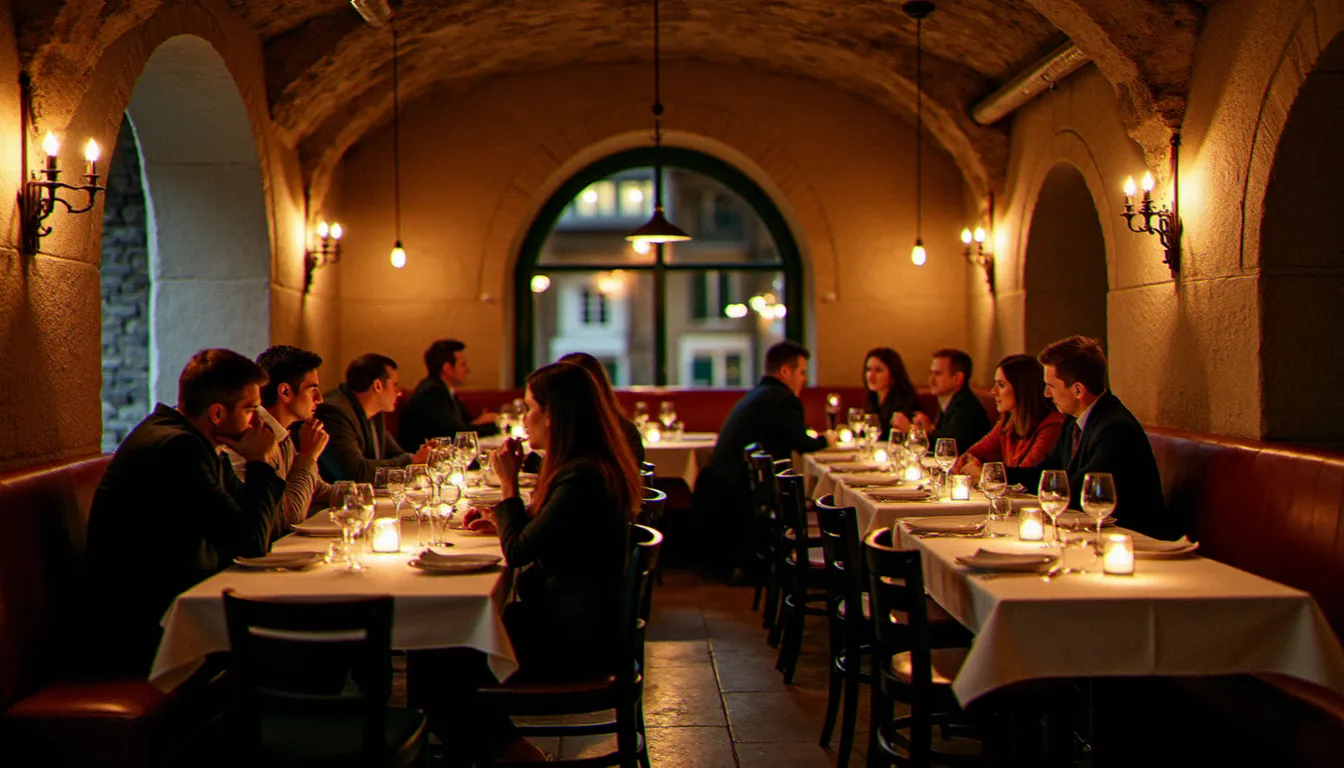 Salle intérieure du bistrot Basalte à Issoire, murs en pierre sombre, lumière tamisée et convives attablés dans une ambiance chaleureuse