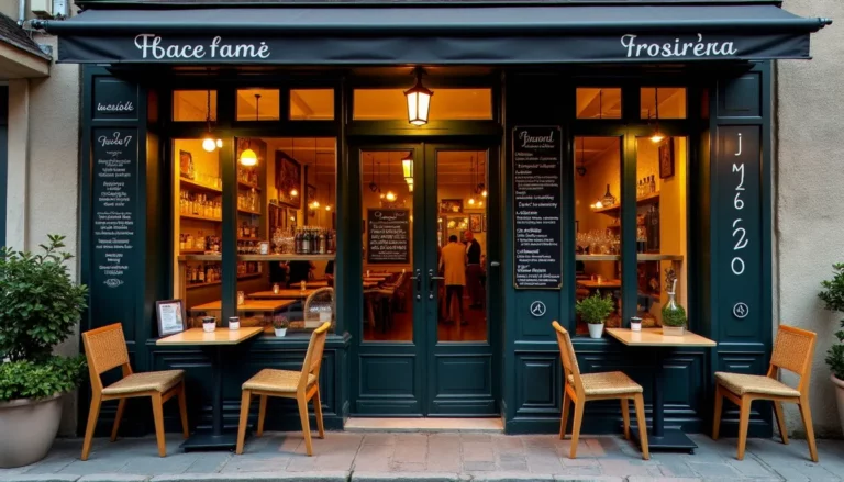 Façade chaleureuse du bistrot Basalte à Issoire avec terrasse en pierre et lumière tamisée en soirée