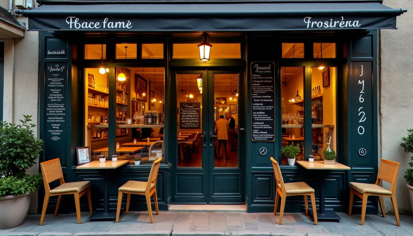 Façade chaleureuse du bistrot Basalte à Issoire avec terrasse en pierre et lumière tamisée en soirée