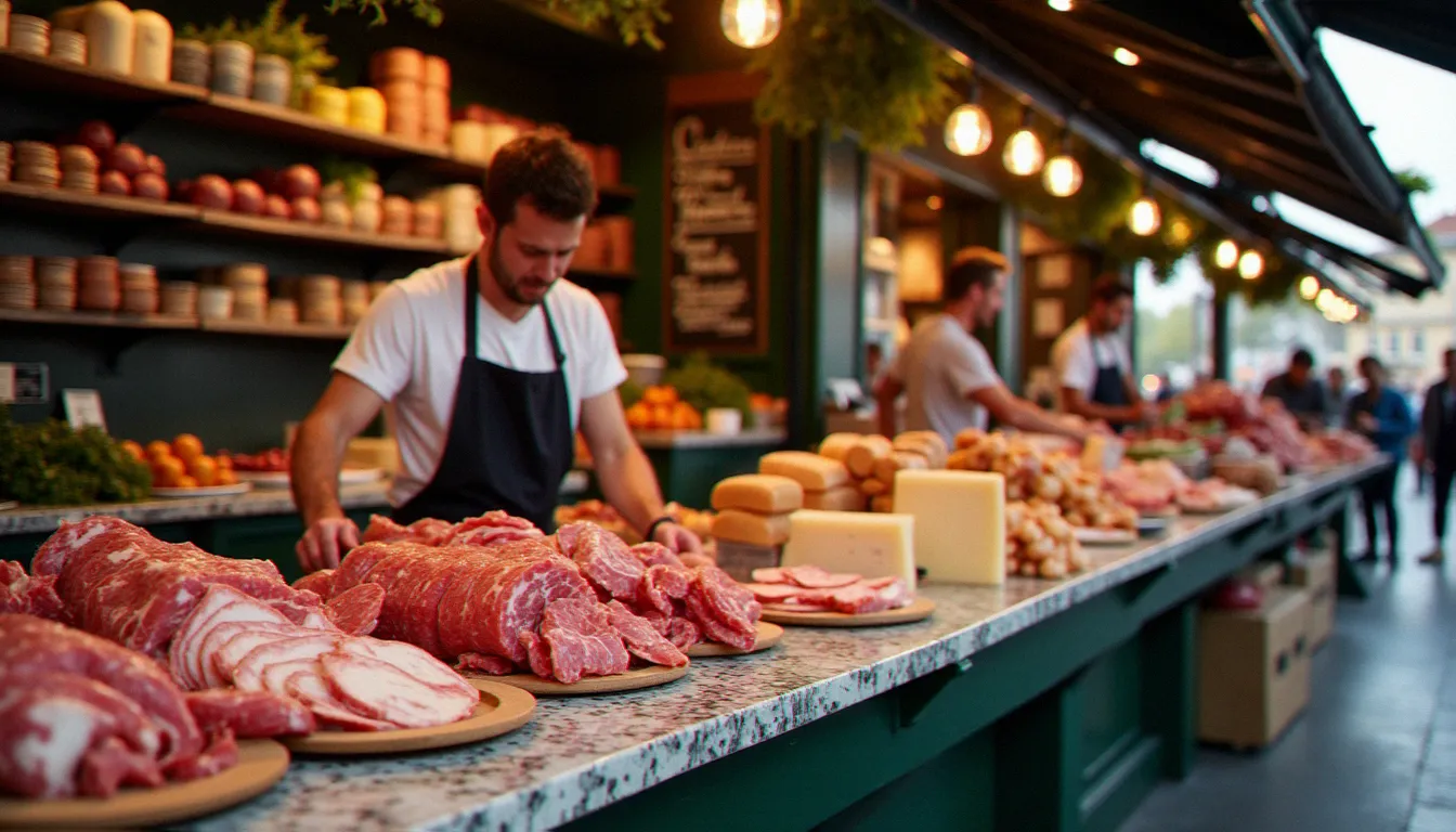 Étal de charcuterie lyonnaise aux Halles Paul Bocuse avec rosette, terrine et saint-marcellin présentés sur marbre