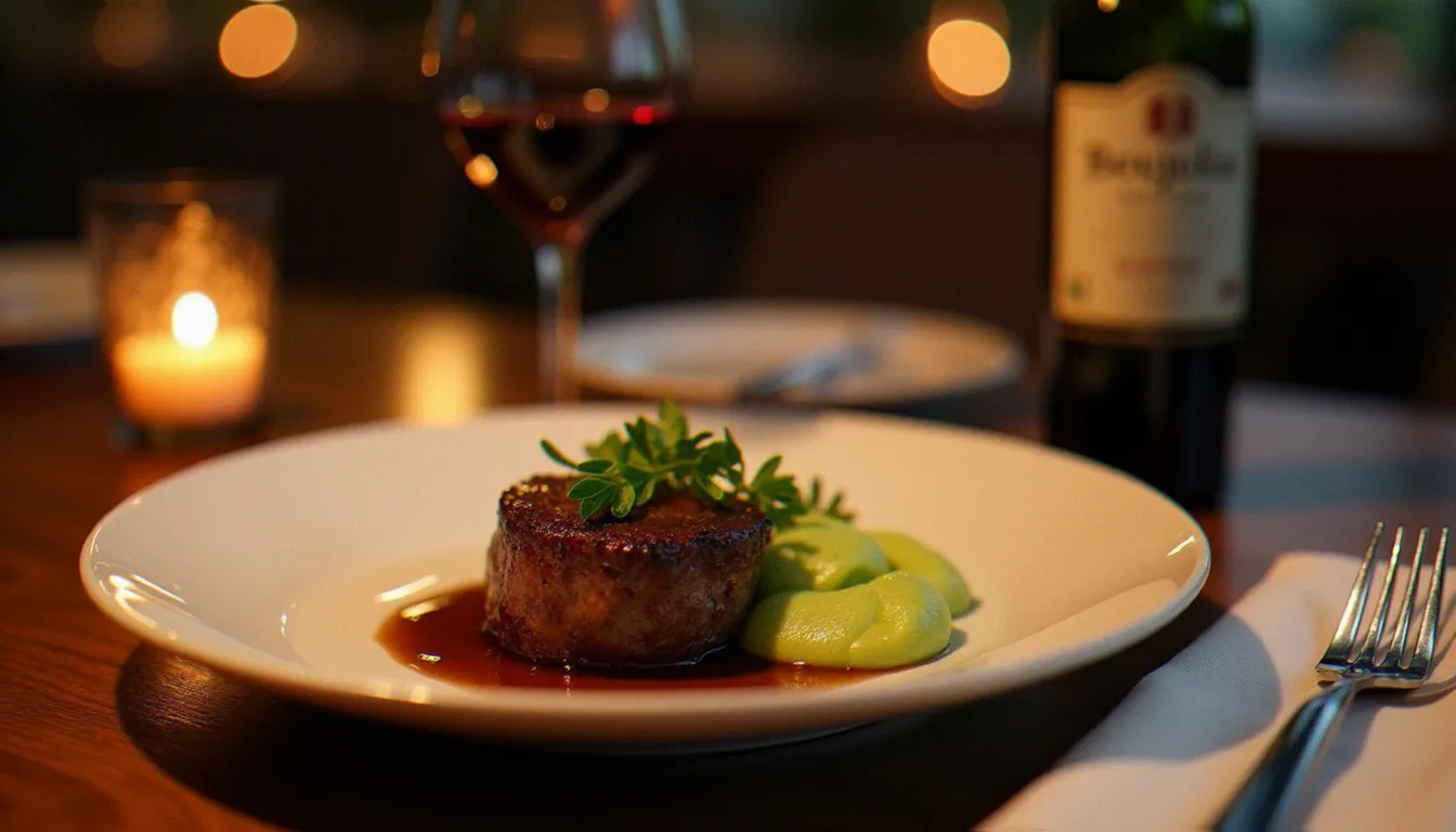 Joue de bœuf braisée avec purée de céleri et verre de Beaujolais sur table en bois dans un bistrot lyonnais le soir